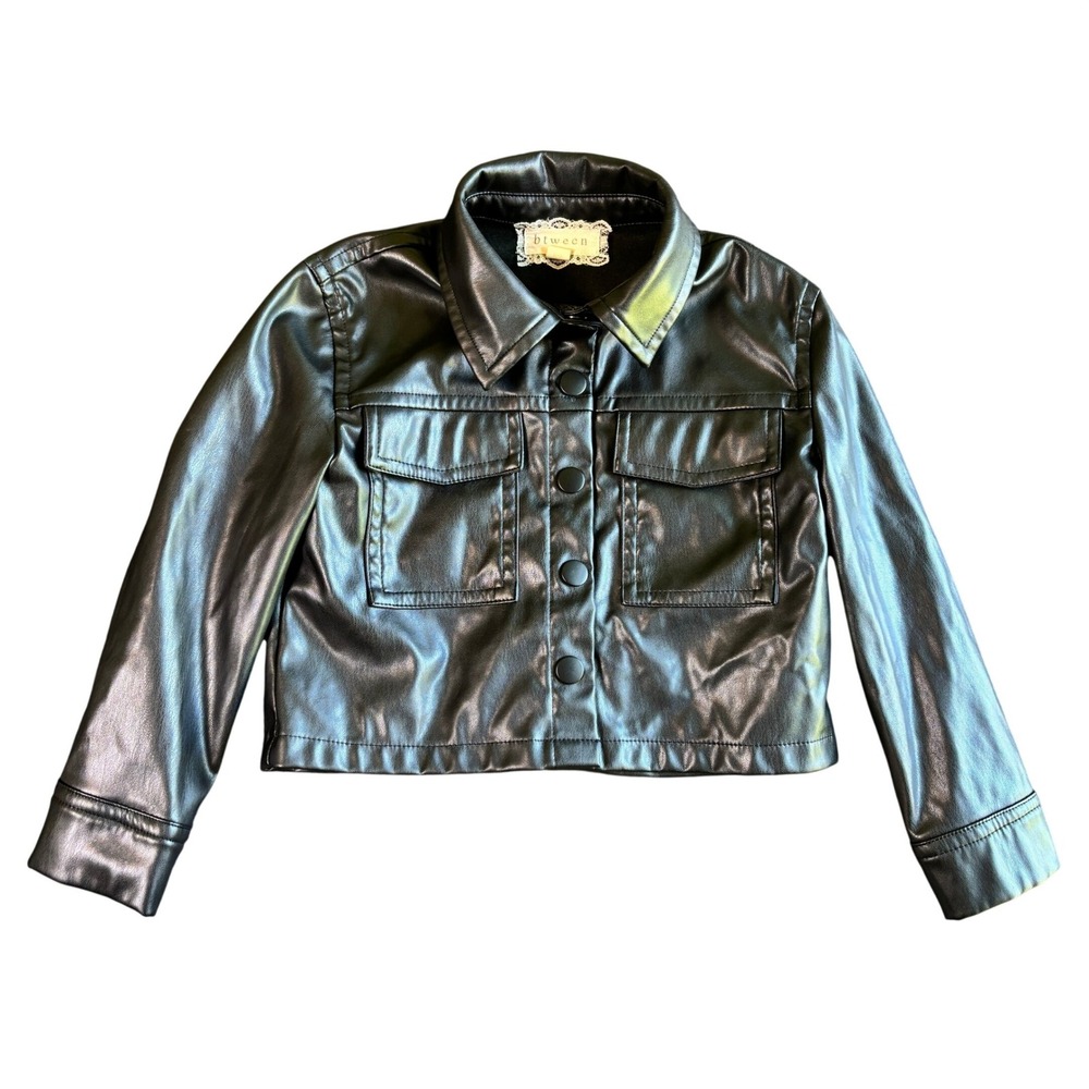 btween‎ Girls 3T Black Faux Leather Moto Jacket Snap Front Collared Long Sleeve